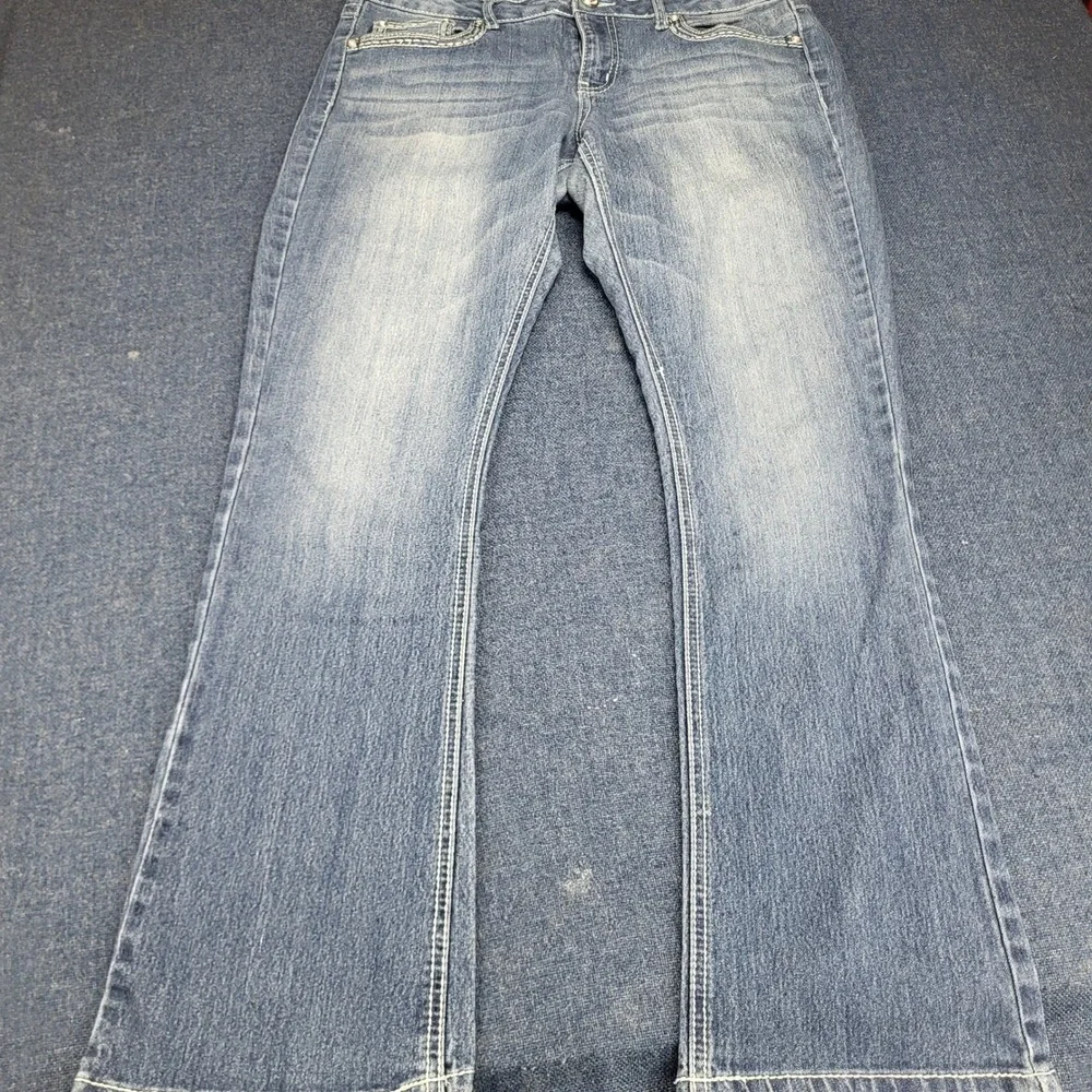 Mudd Womens Sz 15 Blue Rhinestone Cross Embroidered Flare Jeans Y2K Flap pockets